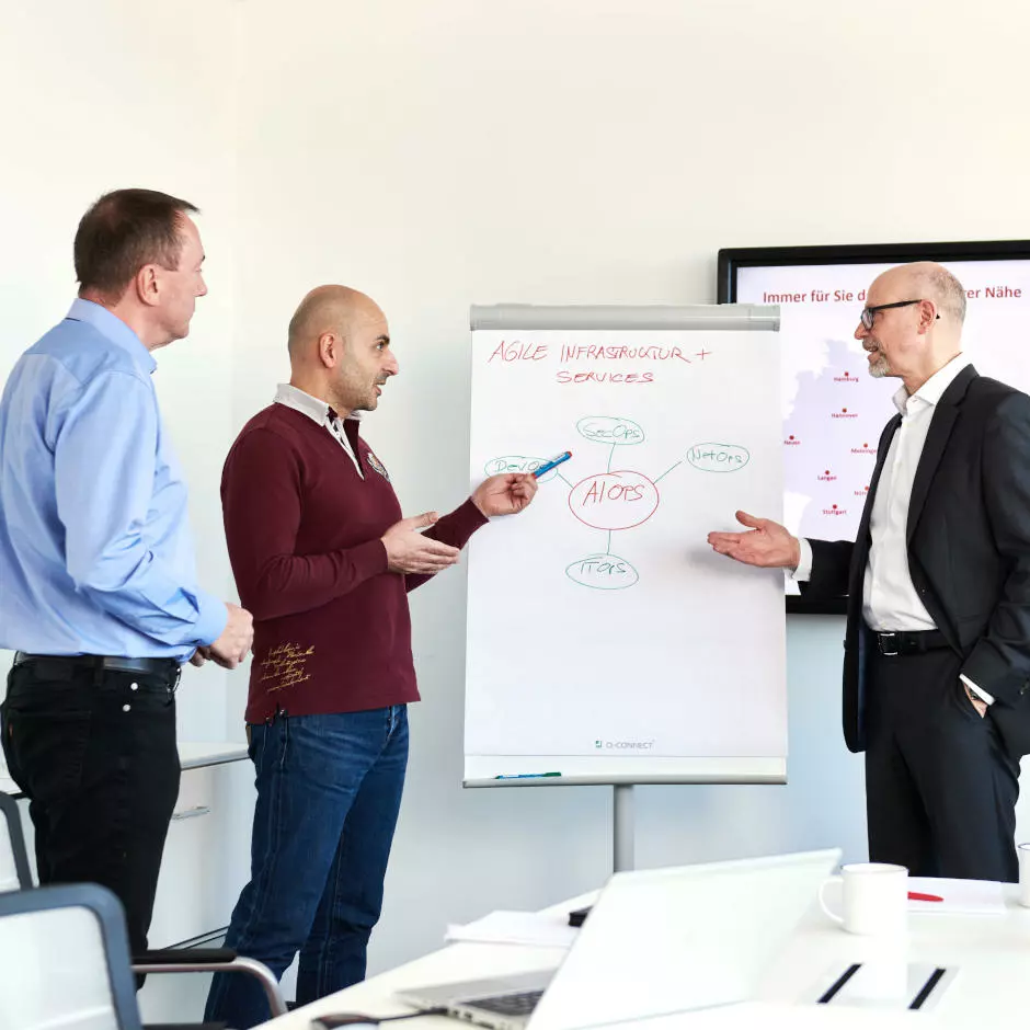 Drei Männer stehen vor Flip-Chart